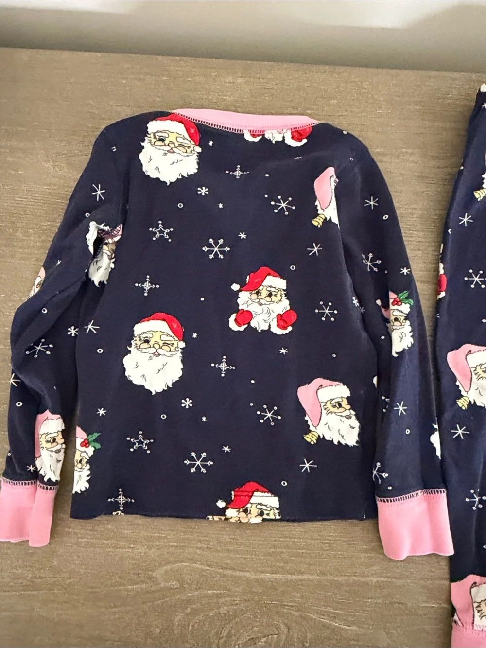 The Beaufort Bonnet Company Navy Santa Print Pajama Top with Pink Trim